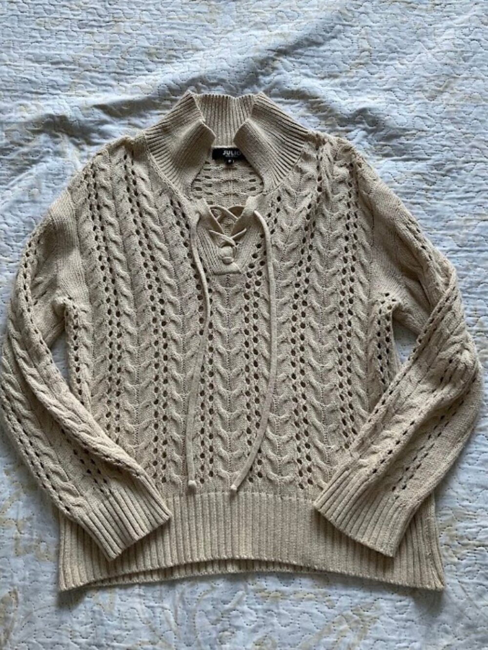 JULIO Made in Italy Beige Cable Knit Lace-Up Sweater